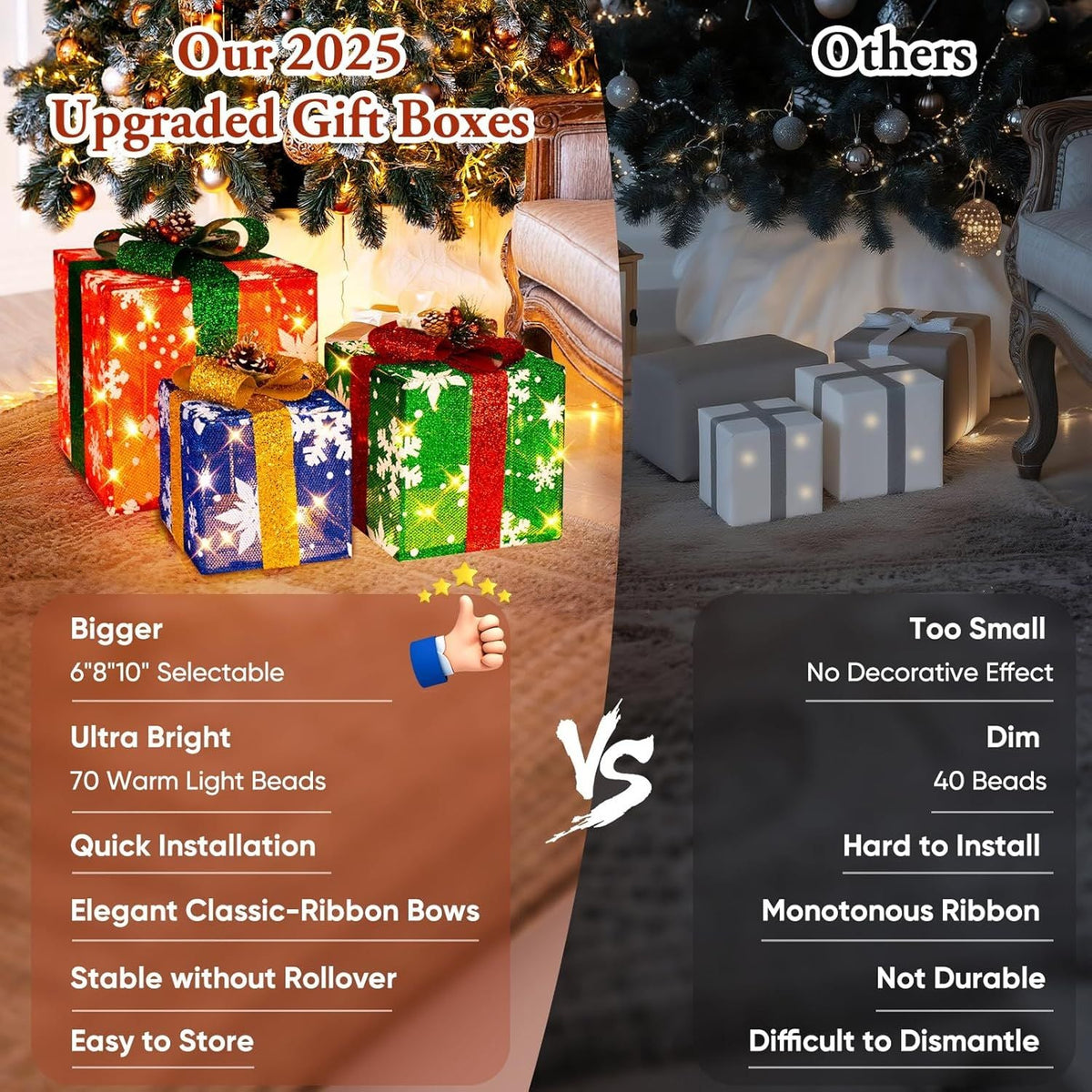 3 Pieces Large Gift Boxes for Christmas Decorations Outdoor, 10" 8" 6" with Pre-lit 70 LED Mini String Lights, Plug-in Warm White Present Boxes with Glitter for Christmas Wedding Party