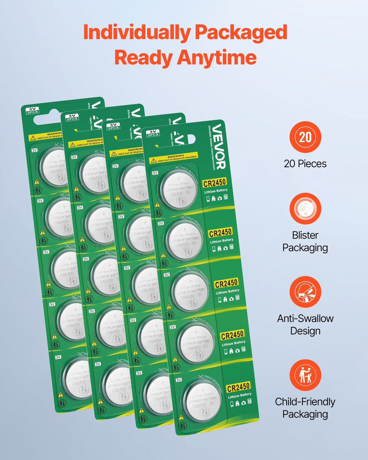 VEVOR CR2450 Lithium Battery, 20 Count (Pack of 4) Lithium Coin Battery, Non-Mercury and Anti-Swallow Designed, Long Lasting 3V CR 2450 Cell Batteries, for Key Fobs, Glucometers, and Other Devices