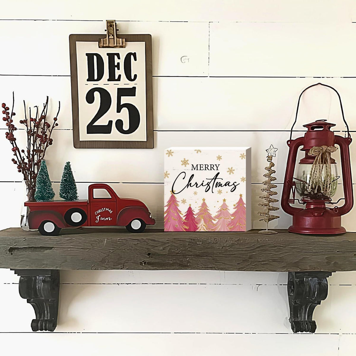 Christmas Decor Red Truck Christmas Wooden Box Signs Buffalo Plaid Christmas Decorations Christmas Decor for Home Office Bedroom Fireplace Car Tiered Tray Decor Christmas Gifts for Women 5x5
