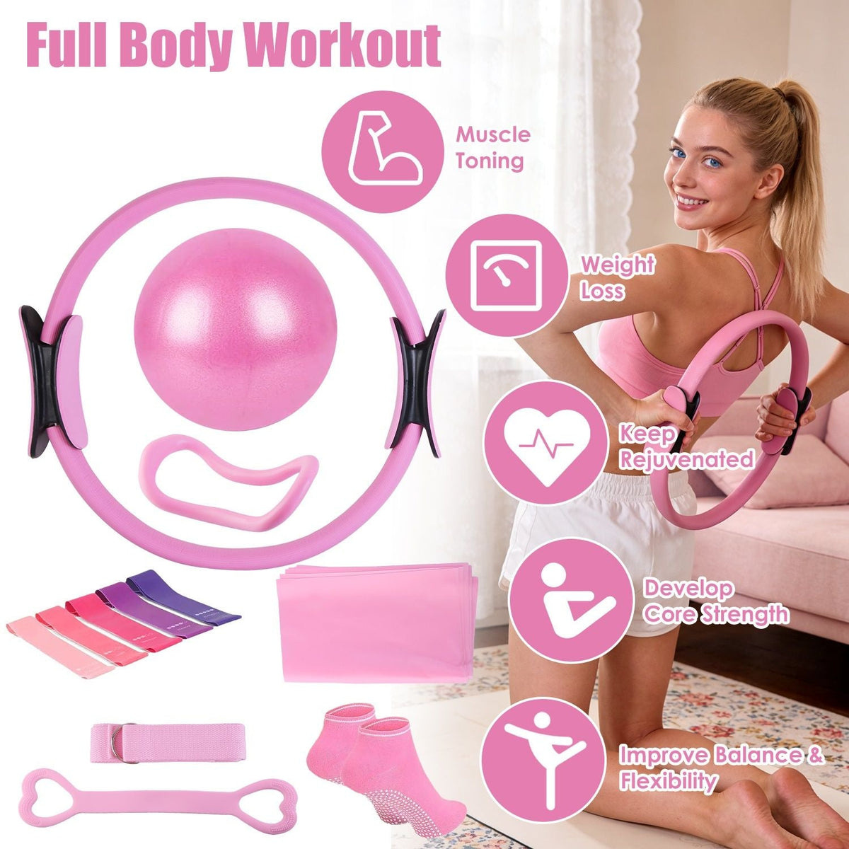 14Pcs Pilates Ring Essentials Kit For Women with Yoga Ball Arm Stretcher 5 Resistant Bands Figure 8 Resistant Band Elastic Band Non-slip Socks Yoga Strap