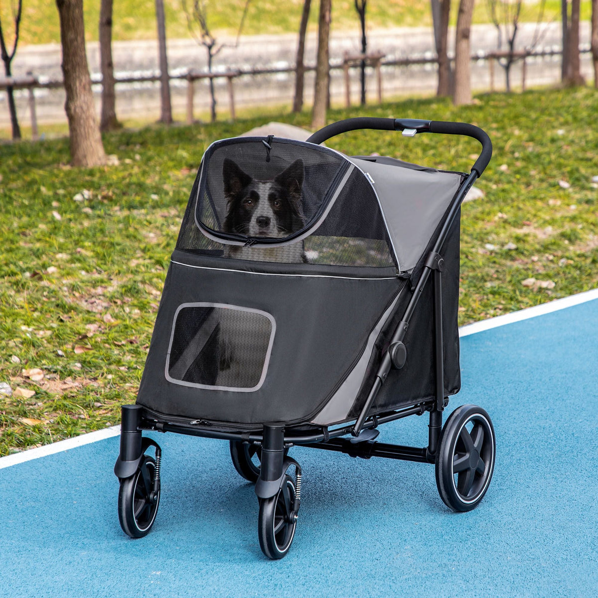 Pet Stroller Dog Cat Carriage One Click Fold with Universal Front Wheels Shock Absorber Brakes Storage Bags Mesh Window