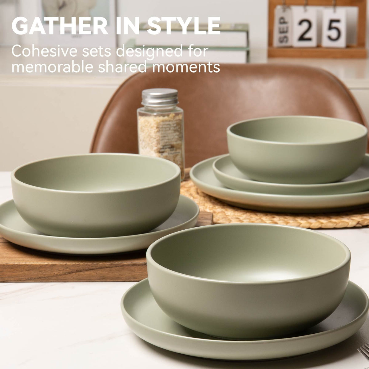 12-Piece Stoneware Dinner Plates Bowls Sets | Microwave & Dishwasher Safe | Non-Toxic Dinner Plates Bowls Set | Stackable Matte Glaze Kitchenware for 4