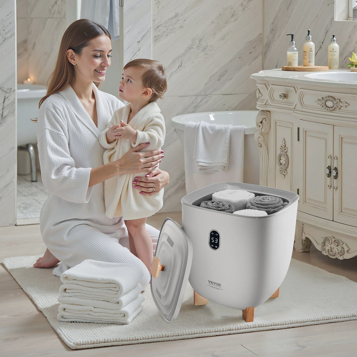 VEVOR Towel Warmer Bucket, 25L Heated Towel Warmer with LED Display, Large Blanket Warmers for Bathroom, 20/40/60/90 Mins Timer and Temperature Setting, for SPA, Home, Countertop, Floor, Gray