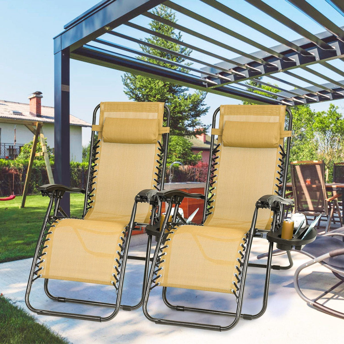 2Packs Zero Gravity Lounge Chair w/ Dual Side Tray 330lbs Load Foldable Recliner Chair w/ Stress Relief Pillow Patio Poolside Beach Lying Chair