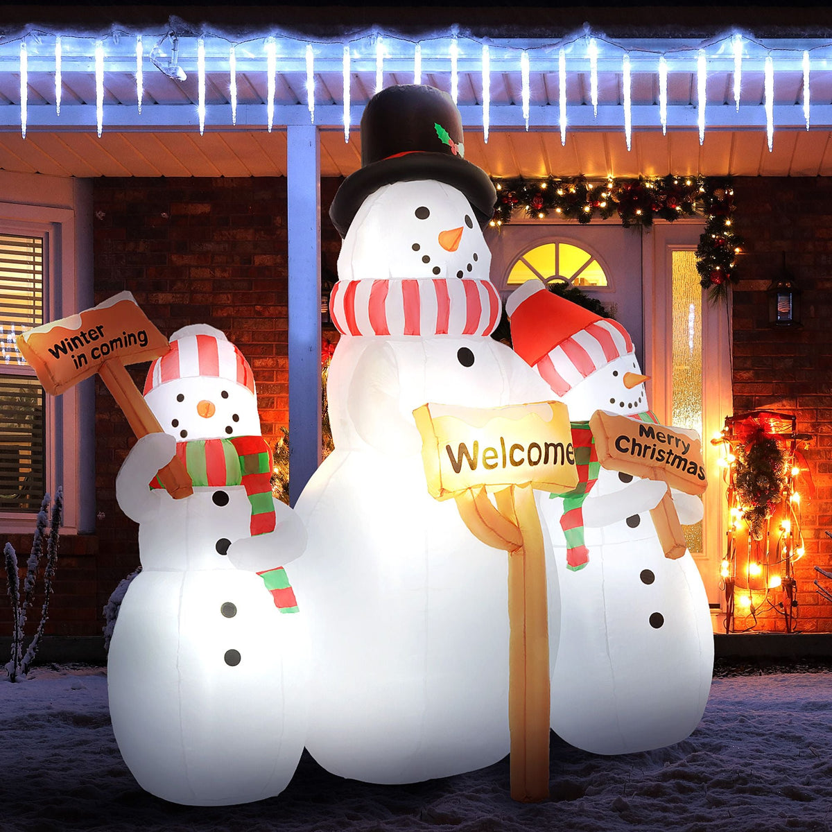 Outsunny 6.1' Inflatable Three Snowmen with Sign Each, Blow-Up Outdoor Christmas Display w/ LED Lights for Party