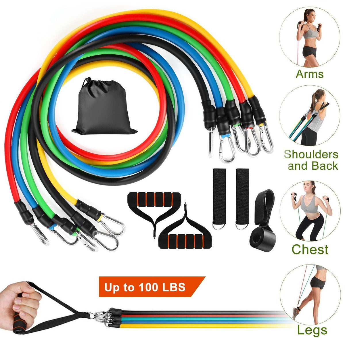 11Pcs Resistance Bands Set Fitness Workout Tubes Exercise Tube Bands Up to 100lbs w/ Door Anchor Handles Ankle Straps for Physical Training Yoga Pilates