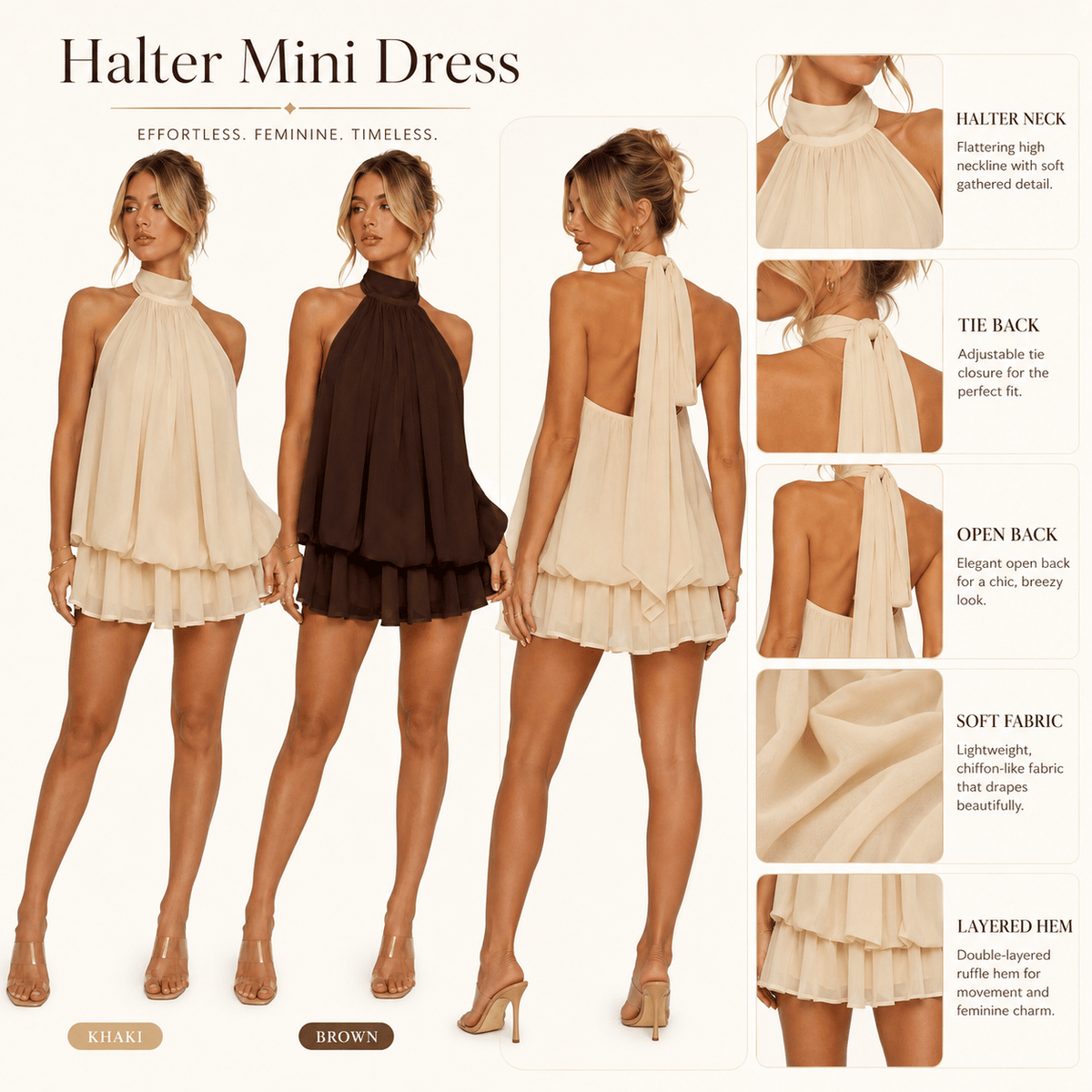 Womens Summer Dresses Halter Tie Mini Dress With Built-in Shorts, Chiffon Elegant A-Line Backless Sundress
