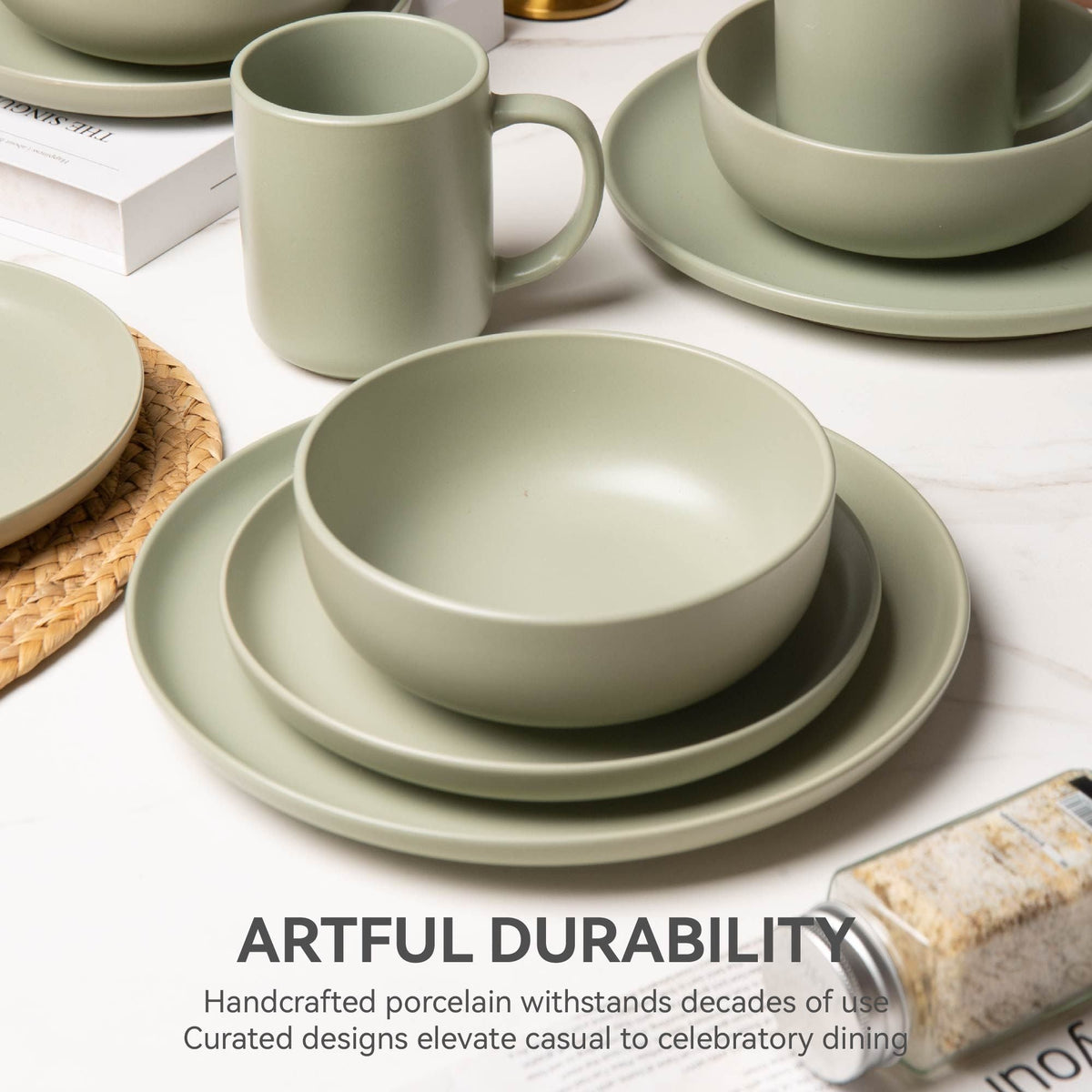 12-Piece Stoneware Dinner Plates Bowls Sets | Microwave & Dishwasher Safe | Non-Toxic Dinner Plates Bowls Set | Stackable Matte Glaze Kitchenware for 4