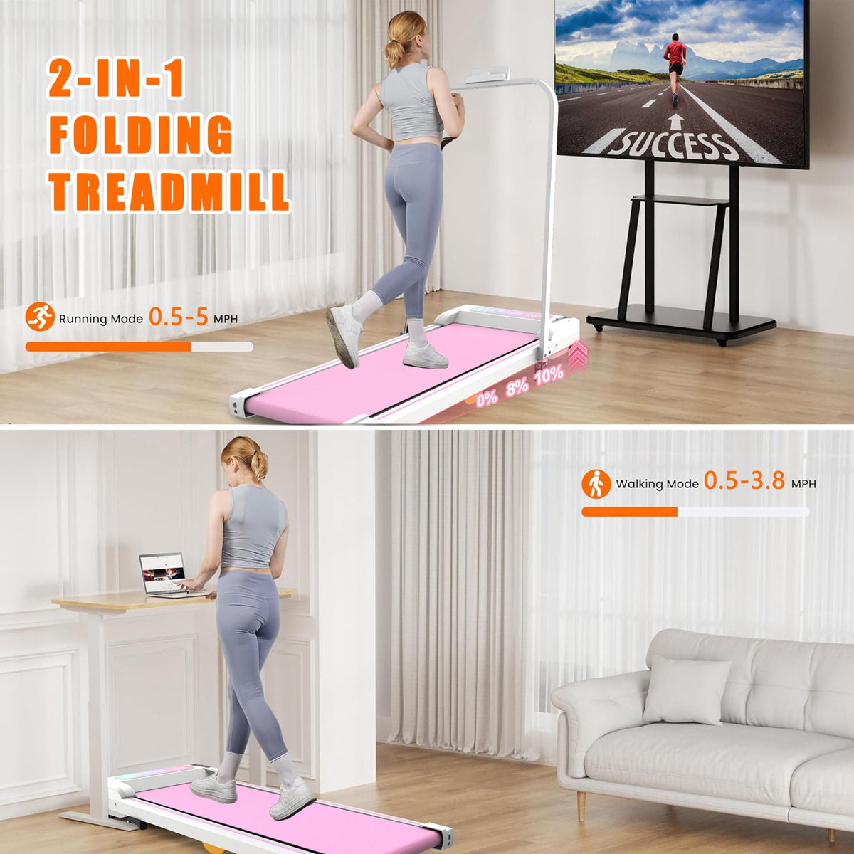 Under Desk Treadmill with Incline, Walking Pad, 2 in 1 Portable Treadmill with Handle Remote Control LED Display, Walking Jogging Machine for Home Office Use Pink