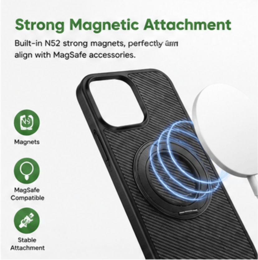 Magnetic Carbon Fiber Phone Case for iPhone 13 14 15 16 17 Series, Built-in Rotatable Kickstand Shockproof Protective Cover Compatible with MagSafe Wireless Charging