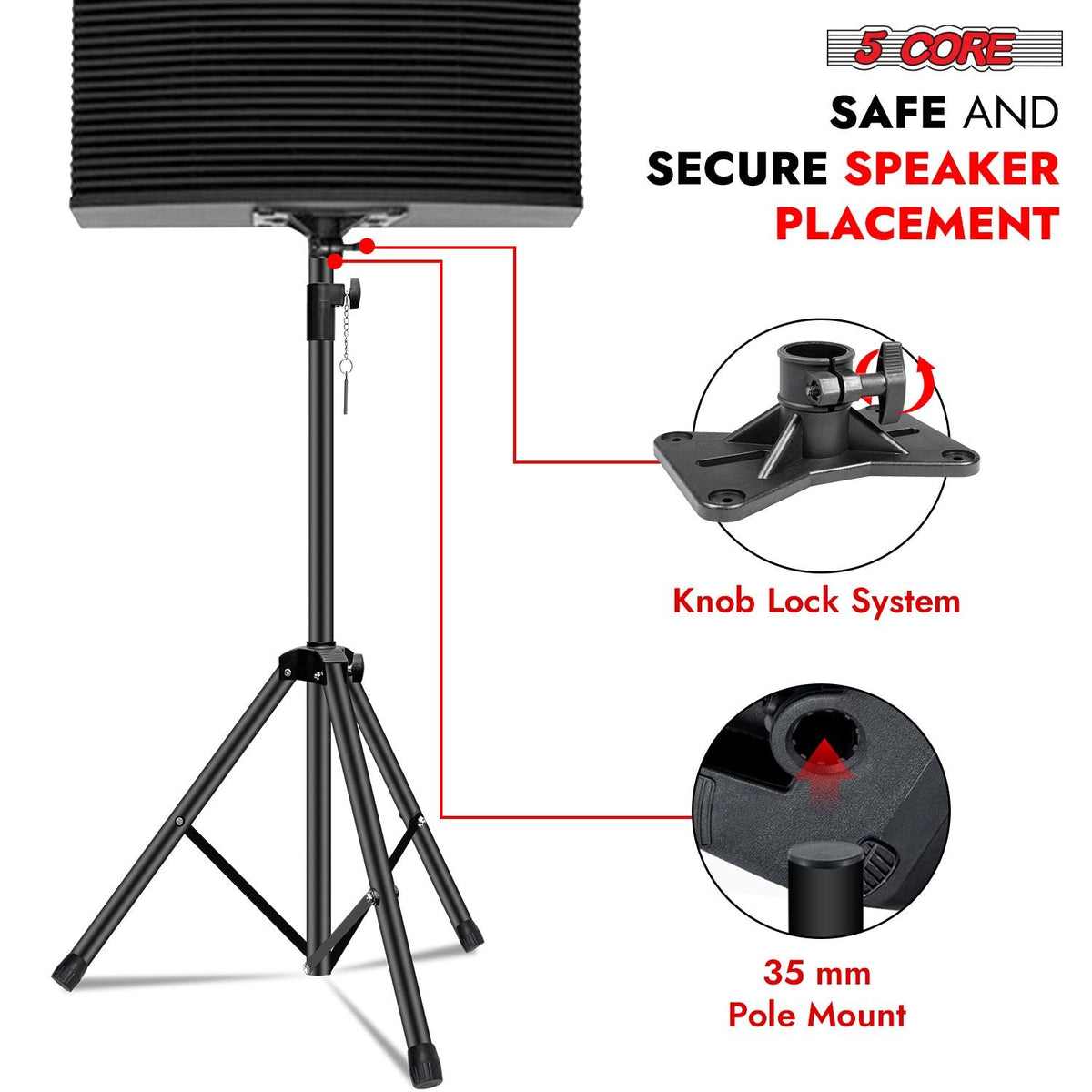 5 Core Speaker Stand Height Adjustable PA DJ Tripod Studio Monitor Stands w 35mm Compatible Insert - SS ECO 1PK BLK WoB