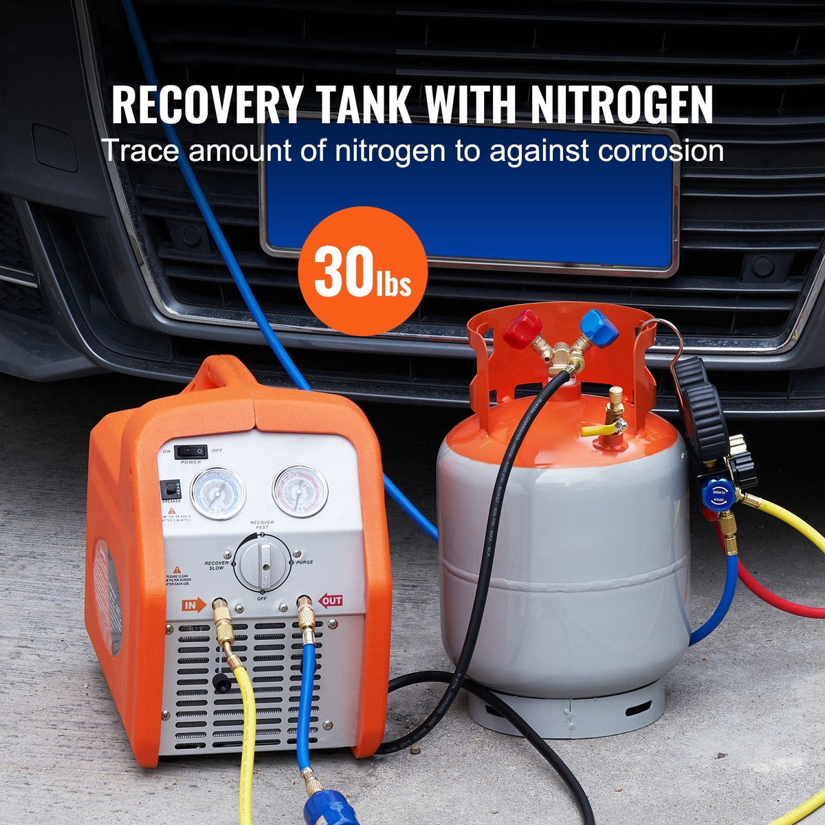 Refrigerant Recovery Tank, 30 LBS Capacity, 400 psi Portable Cylinder Tank with Y-Valve for Liquid/Vapor, High-sealing Recovery Can for R22/R134A/R410A, Orange+Gray