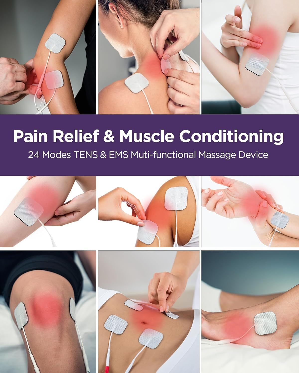 TENS Unit Muscle Stimulator, 24 Modes TENS EMS Machine for Pain Relief Therapy/Pain Management, Rechargeable Electronic Pulse Massager with 2"x2" and 2"x4" TENS Unit Electrode Pads