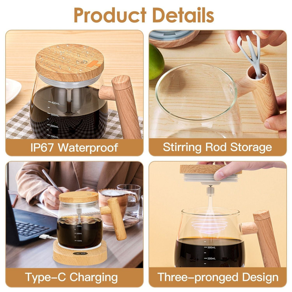 Electric Mixing Mug 400ML High Speed Mixing Cup USB Rechargeable Self String Mug IP67 Waterproof One Button Start for Coffee Milk Protein Powder Egg