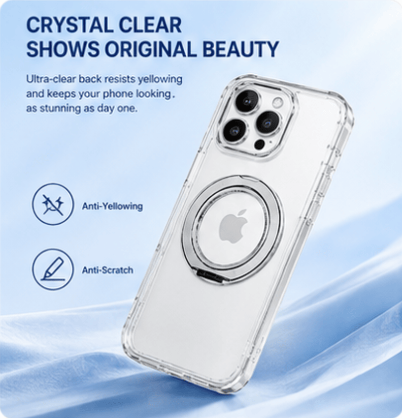 Transparent Magnetic Phone Case Compatible with iPhone 13-17 AIR, 360° Rotating Ring Holder, Anti-Yellow & Shockproof Protective Case, Works with Magnetic Accessories