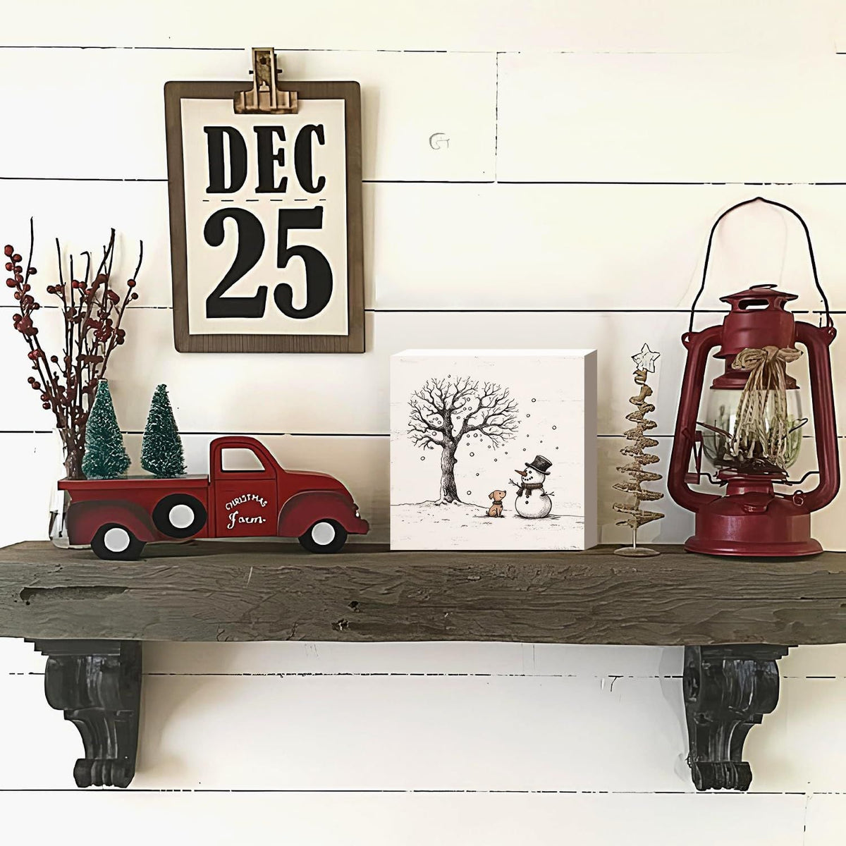 Christmas Decor Red Truck Christmas Wooden Box Signs Buffalo Plaid Christmas Decorations Christmas Decor for Home Office Bedroom Fireplace Car Tiered Tray Decor Christmas Gifts for Women 5x5