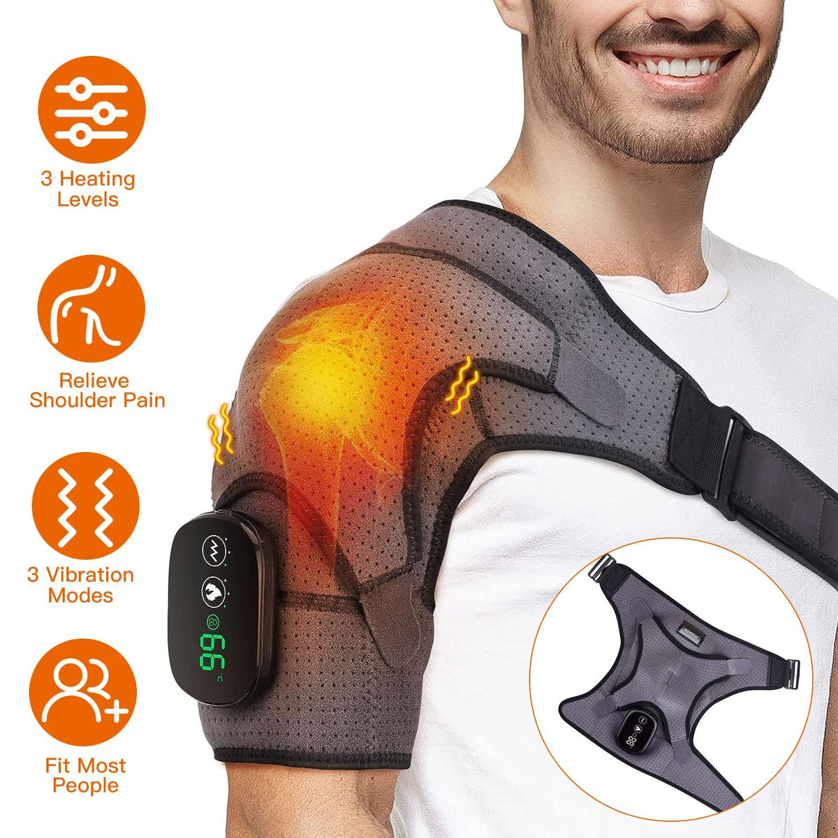 Cordless Shoulder Heating Pad Rechargeable Heated Shoulder Wrap Massager Shoulder Brace Supports with 3 Heating Levels 3 Vibration Modes for Left Right Shoulder