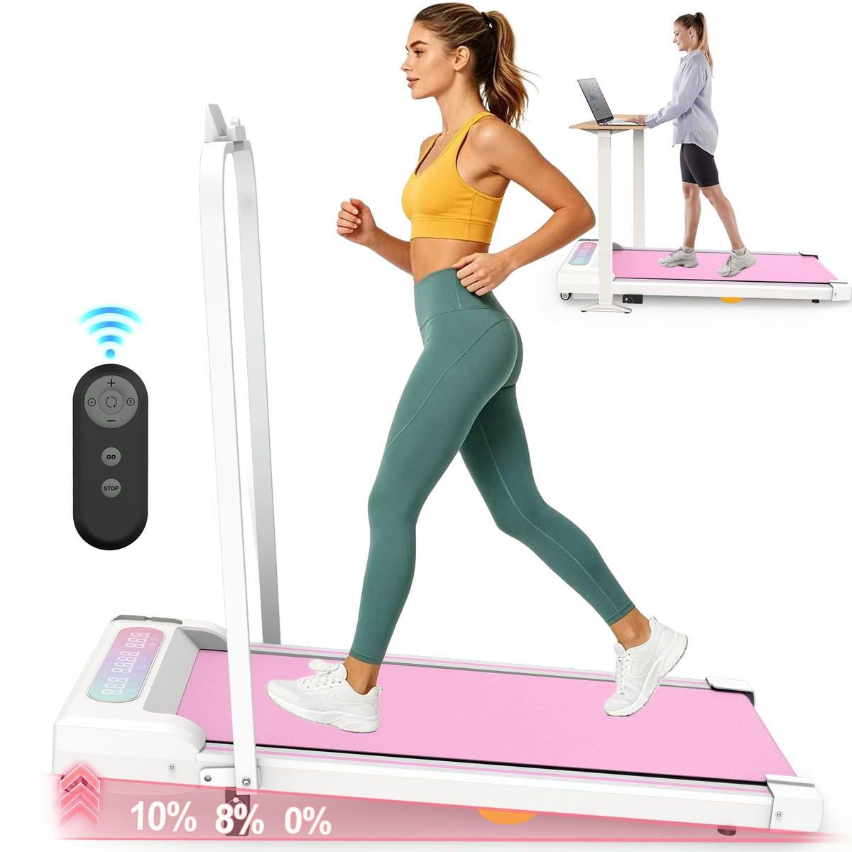 Under Desk Treadmill with Incline, Walking Pad, 2 in 1 Portable Treadmill with Handle Remote Control LED Display, Walking Jogging Machine for Home Office Use Pink