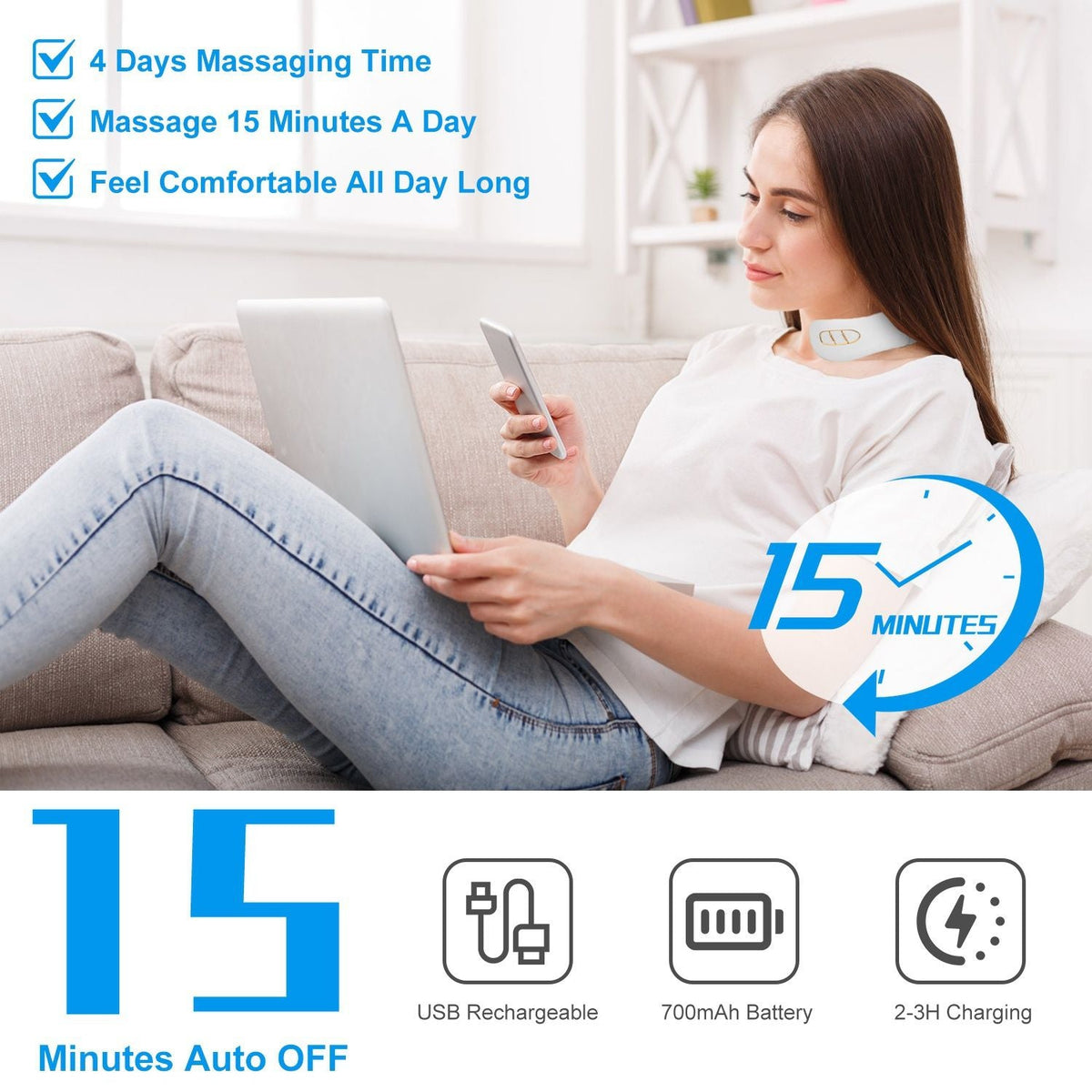 Electric Cervical Neck Massager with Hot Compress, 6 Modes 20 Levels Cordless Neck Pain Relief8-Head Electric Neck Massager with Heat, Cordless Portable Neck Massage Device with Auto Off