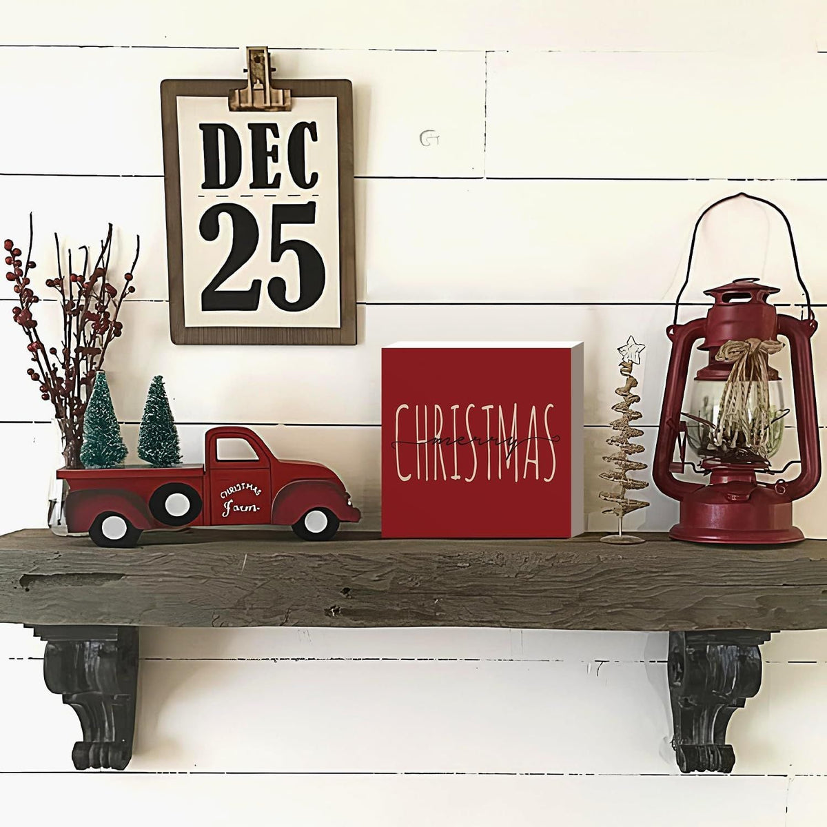 Christmas Decor Red Truck Christmas Wooden Box Signs Buffalo Plaid Christmas Decorations Christmas Decor for Home Office Bedroom Fireplace Car Tiered Tray Decor Christmas Gifts for Women 5x5