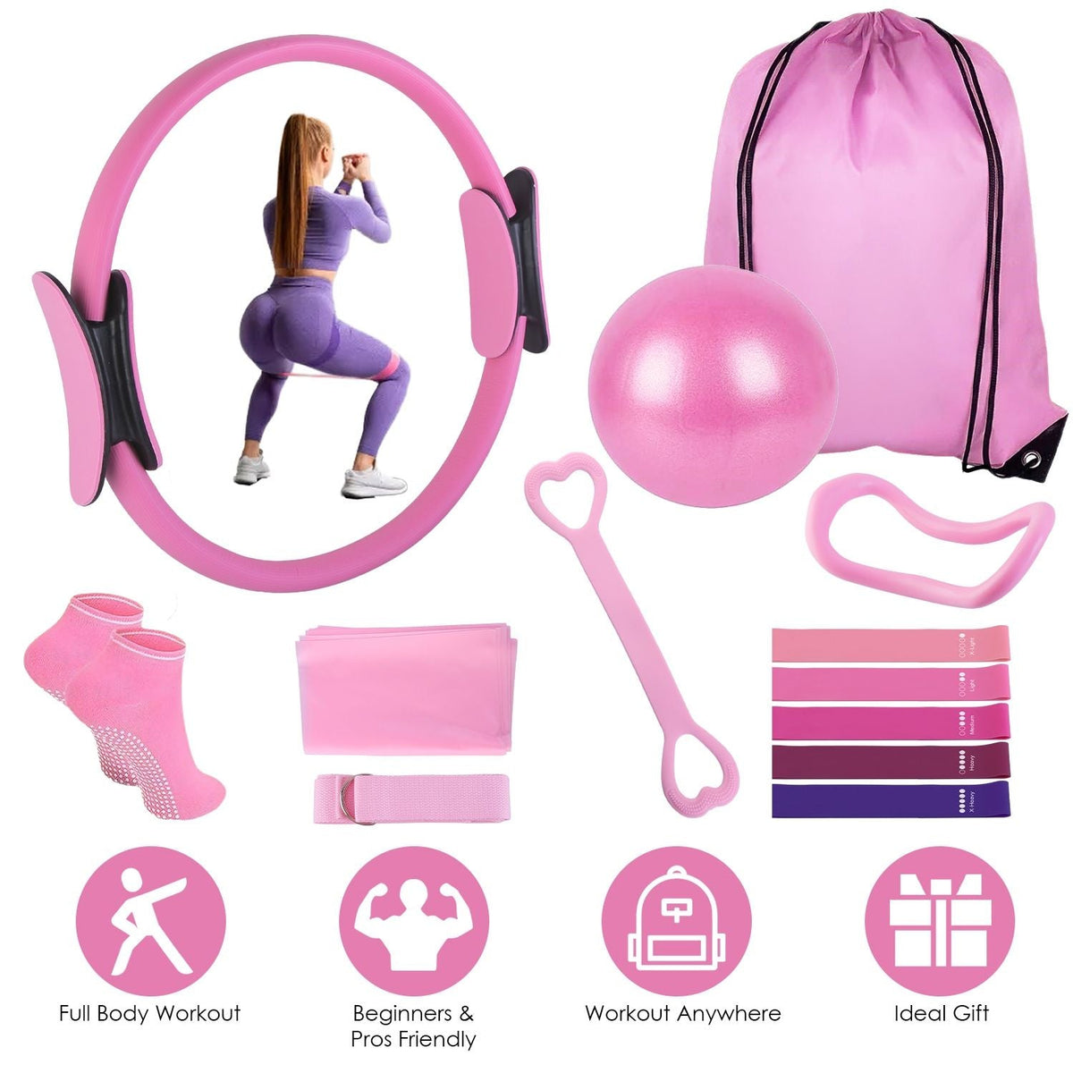 14Pcs Pilates Ring Essentials Kit For Women with Yoga Ball Arm Stretcher 5 Resistant Bands Figure 8 Resistant Band Elastic Band Non-slip Socks Yoga Strap