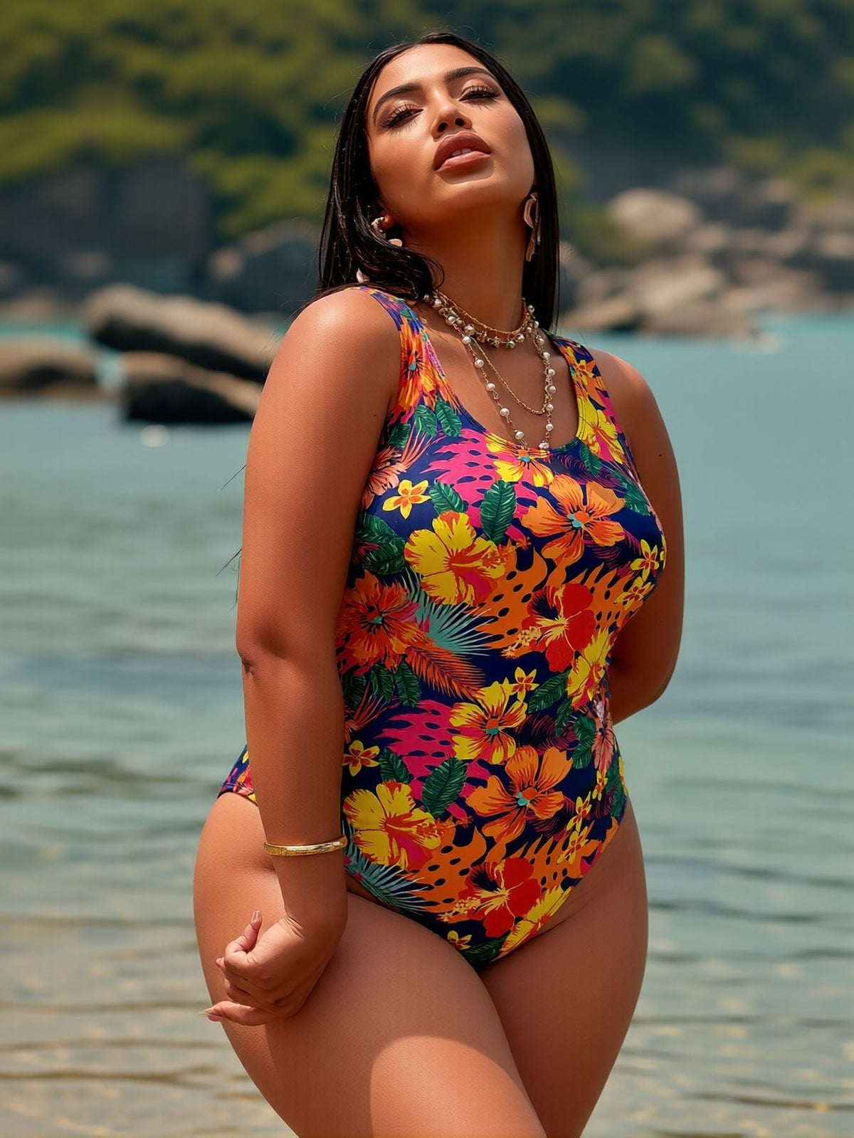 2026 New Plus Size One-Piece Swimsuit: Tropical Floral Print, Round Neck, Side Tie Ruched, Vibrant Beach Style