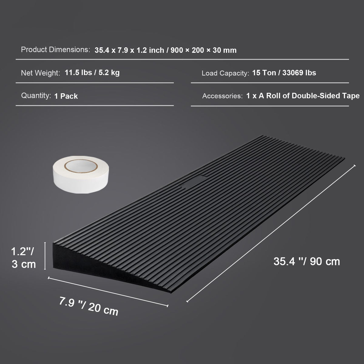 1.2" Rise Cuttable Threshold Ramp for Sweeping Robot, 35.4" Wide Natural Rubber Wheelchair Ramp, Non-Slip Solid Rubber Ramp with Double-Sided Tape for Doorways, Driveways, Bathroom, Smooth Tile