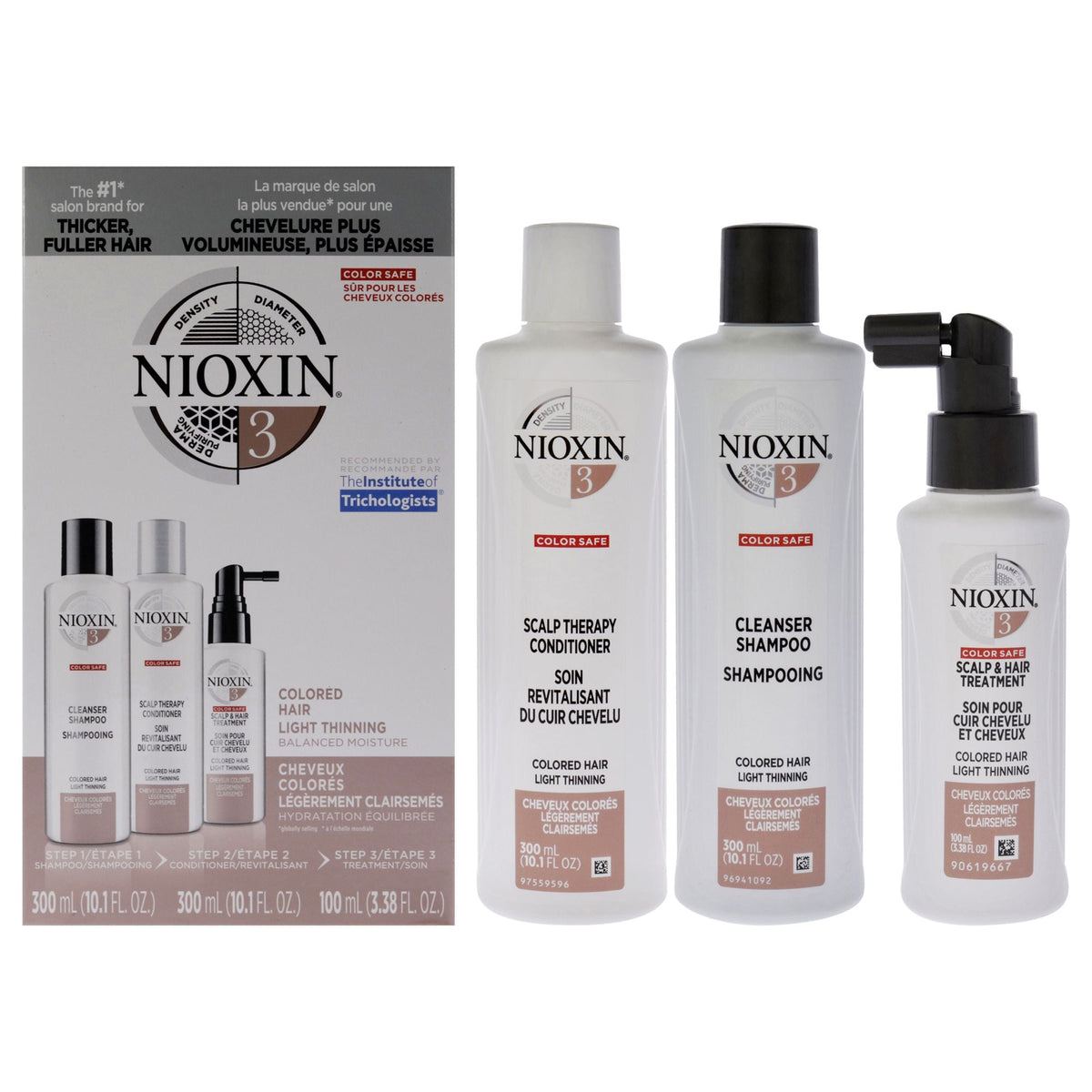 System 3 Kit by Nioxin for Unisex - 3 Pc 10.1oz Color Safe Cleanser Shampoo, 10.1 oz Color Safe Scalp Therapy Conditioner, 3.38oz Color Safe Scalp and Hair Treatment