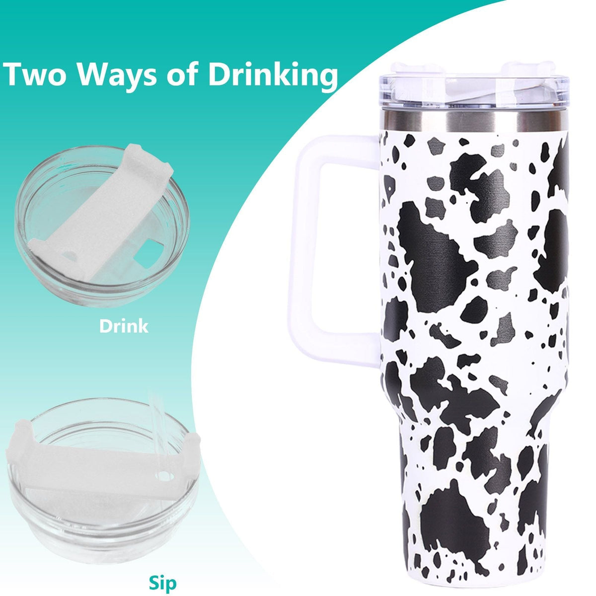 40oz 5D cowprint Insulated Tumbler With Handle And Straw Lid Portable Large Capacity water bottle, Heat preservation,304 Stainless Steel Cup For Outdoor Sports, Travel & Camping Birthday Gift