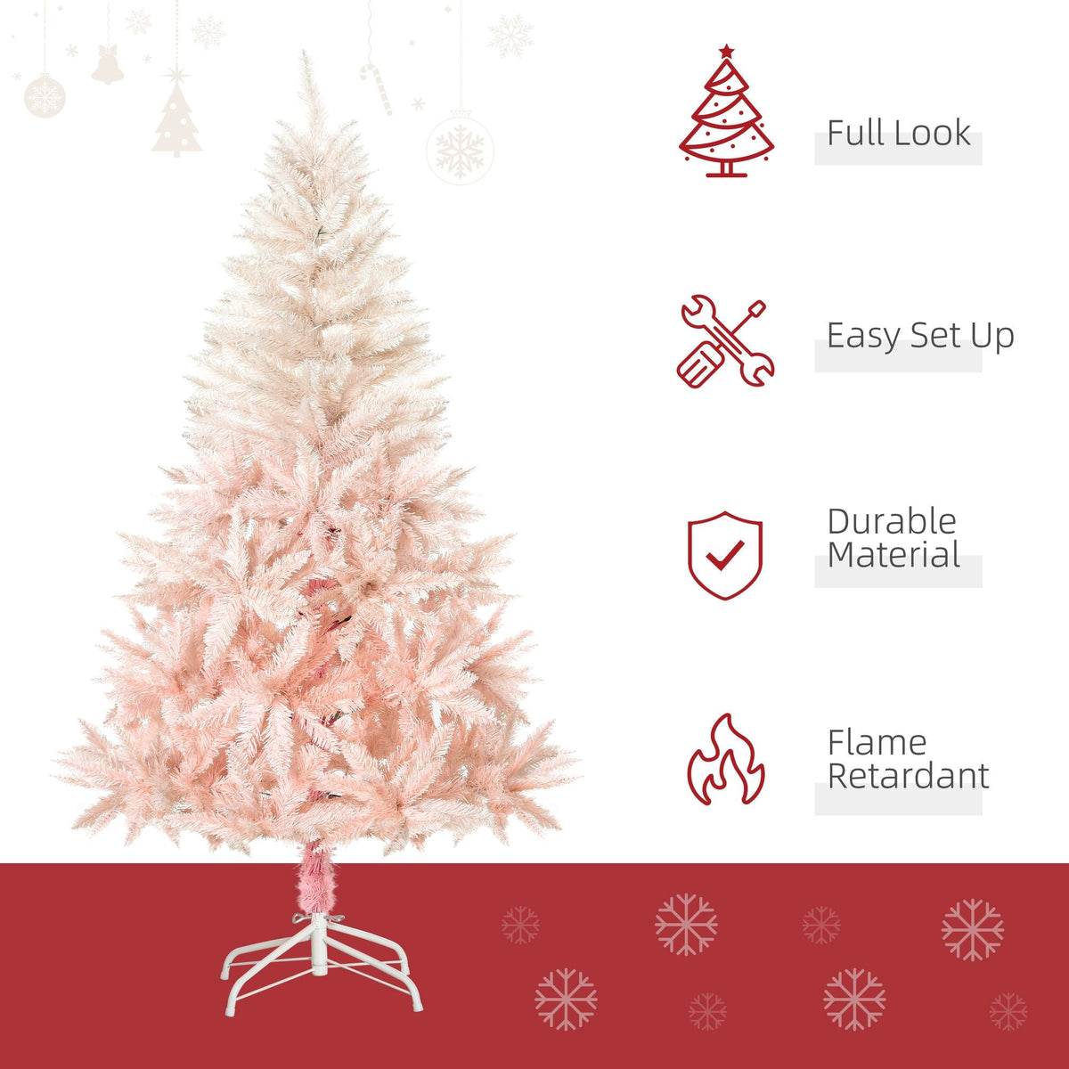 HOMCOM 5ft Pencil Christmas Tree, Pink Christmas Tree with 450 Branches & Detachable Base, Home Party Christmas Decoration, Pink