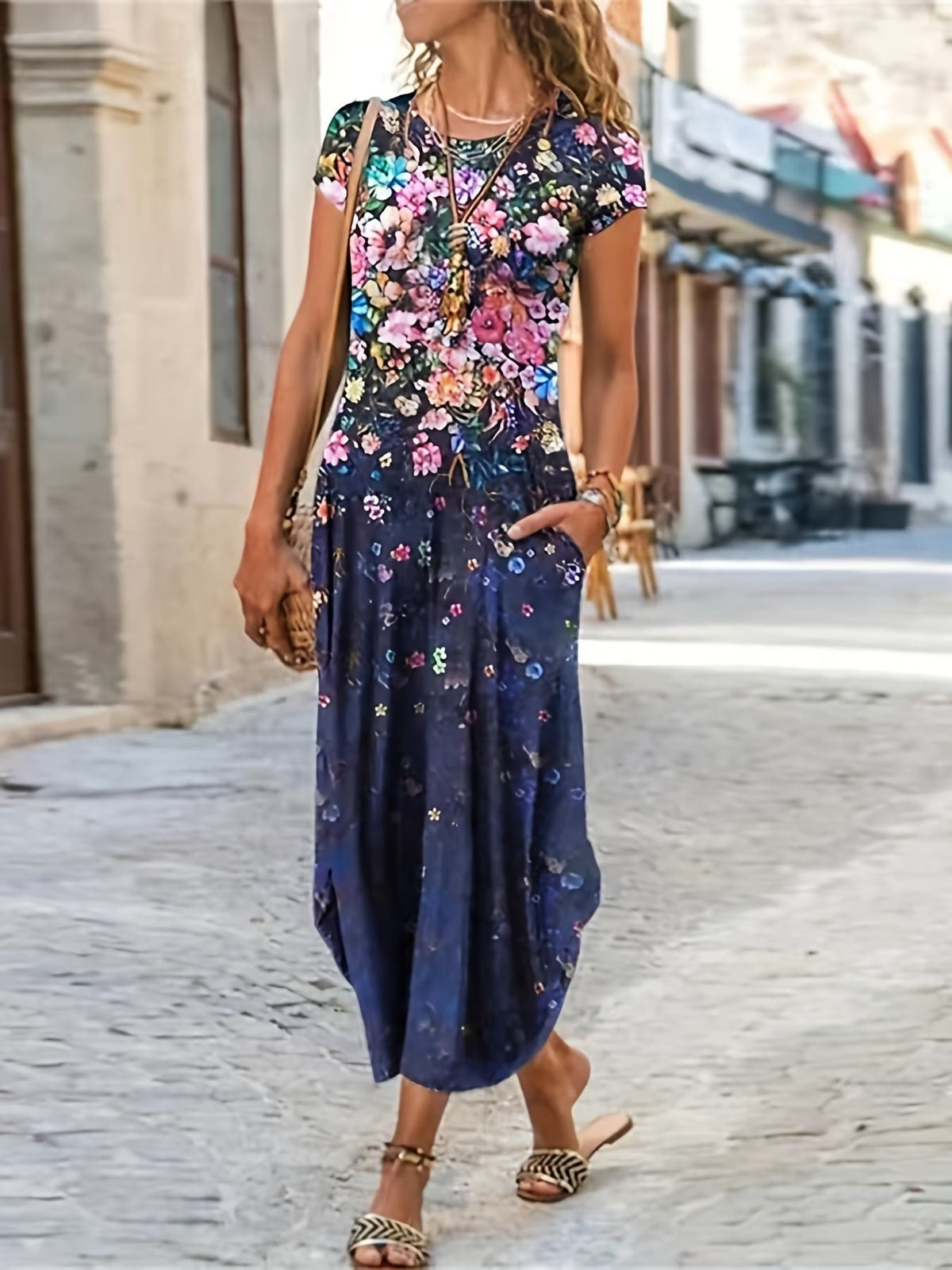 Floral Print Pocket Dress; Casual Short Sleeve Crew Neck Dress; Women's Clothing