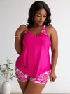 2026 New Plus Size Tankini Set: Hot Pink Racerback Top, Pink Monstera Print Shorts, Vibrant Beach Style