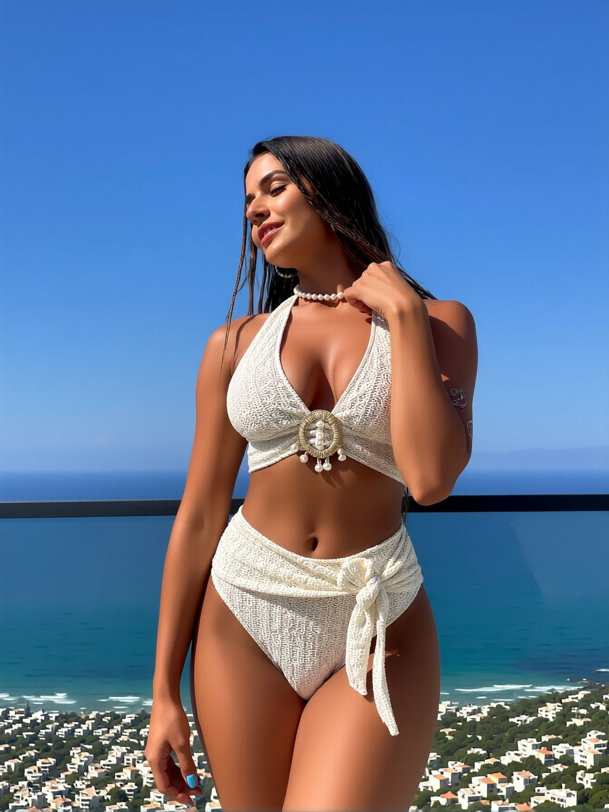 2026 New Cream Textured Halter Two-Piece Swimsuit Women's Side Tie High-Waisted Tummy Control Bathing Suit for Beach Vacation, Gentle Luxury Style