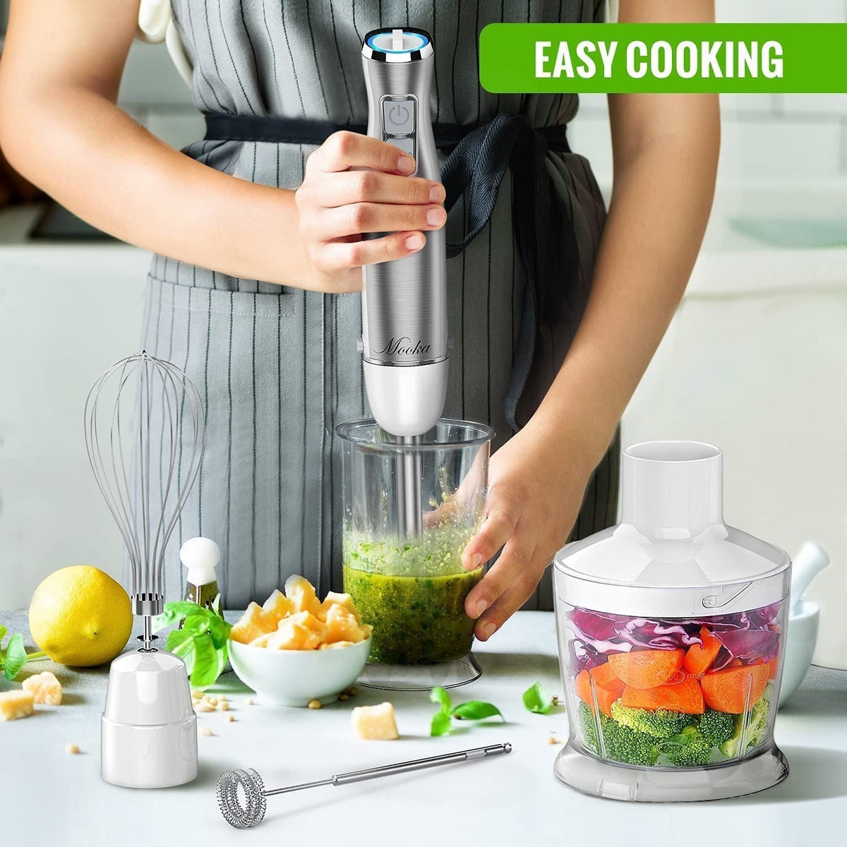 Hand Blender;  5 in 1 Multi-Purpose Immersion Blender set;  1100 watts 12 Adjustable Speed Stick Blender;  600ml Beaker;  500ml Food Processor Container;  Egg Whisk;  Milk Frother Attachments;  White