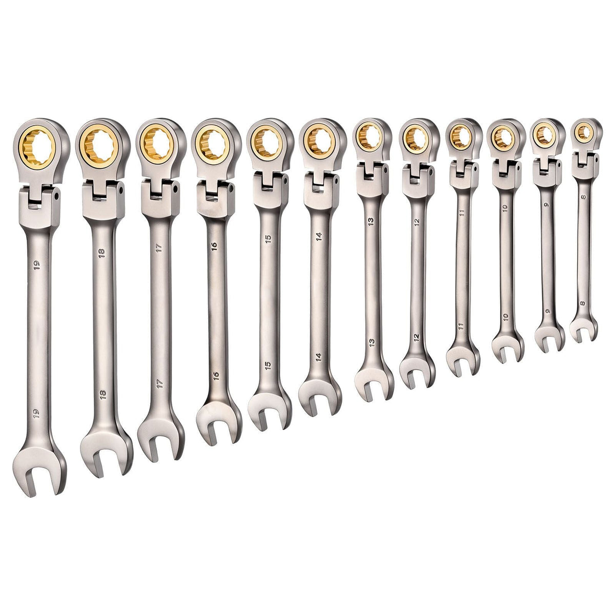 Flex-Head Ratcheting Wrench Set, 12-Piece Metric 8 mm to 19 mm, 72 Teeth, Cr-V Steel Ratchet Flexible Combination Wrench Set with Roll Up Pouch, for General Household and Automotive Repairs