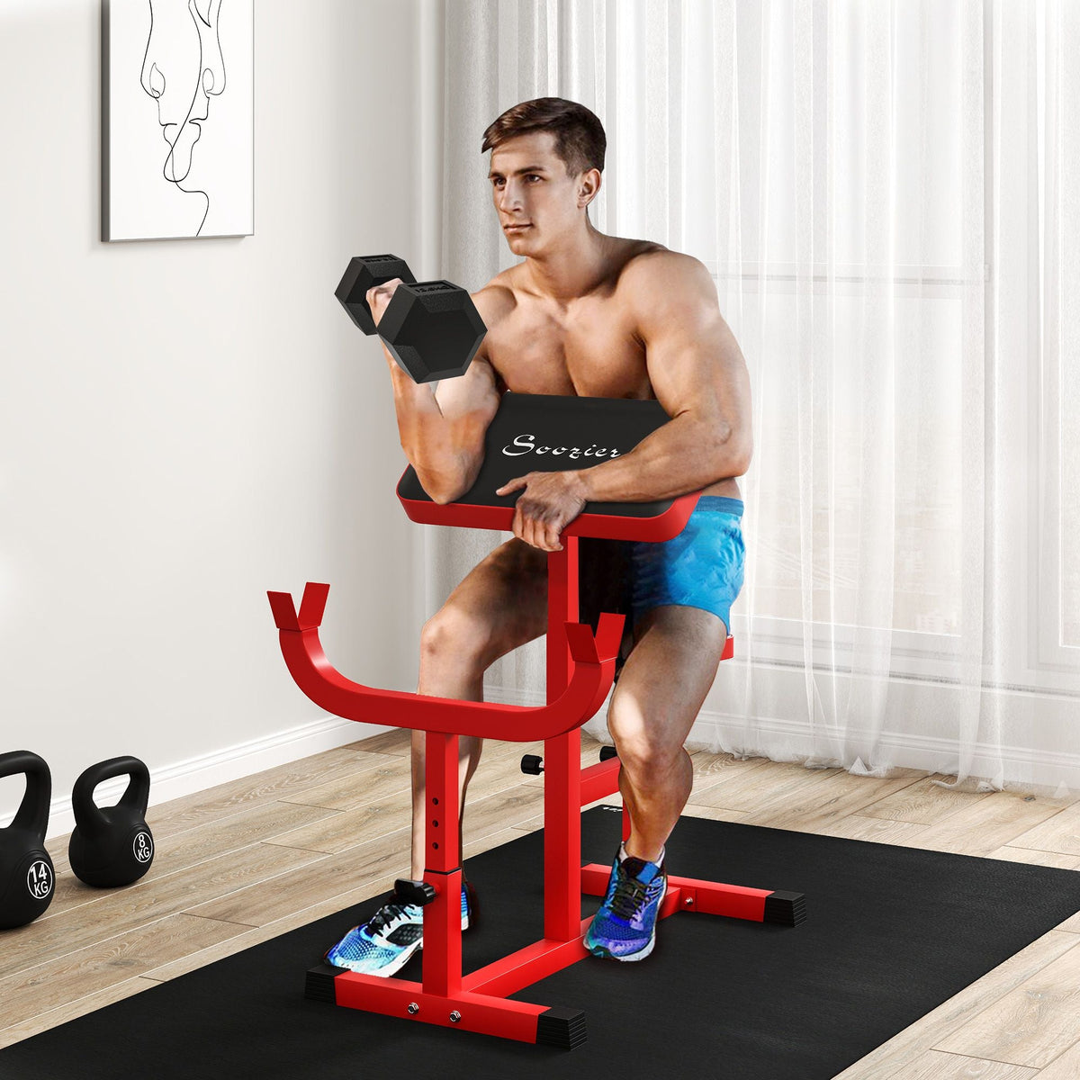 265 LBS Preacher Curl Bench for Strength Training, Adjustable Seated Arm Isolated Barbell Dumbbell Bicep Station, Red