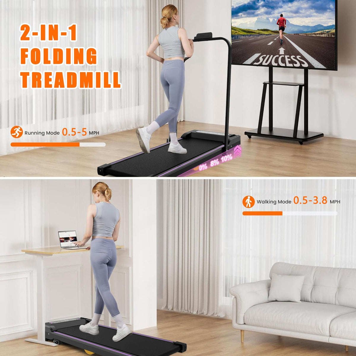 Under Desk Treadmill, Walking Pad, 2 in 1 Portable Treadmill with Handle Remote Control LED Display, Walking Jogging Machine for Home Office Use Black