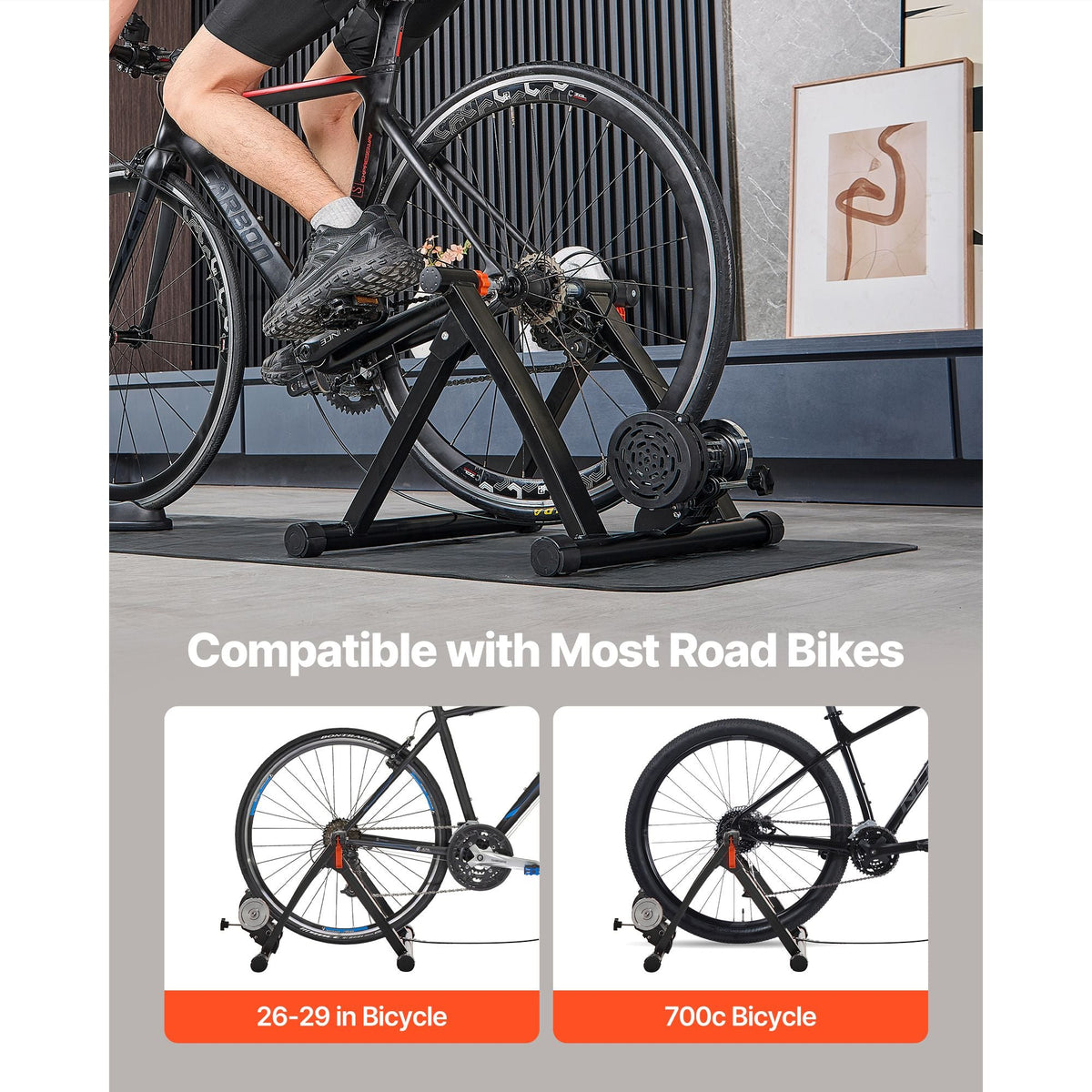 Bike Trainer, 6 Level Resistance, 26-29 in & 700C Wheels, Foldable Magnetic Bicycle Stationary Stand for Indoor Exercise Riding with Quick Release Skewer & Front Wheel Riser Block for Road Bikes