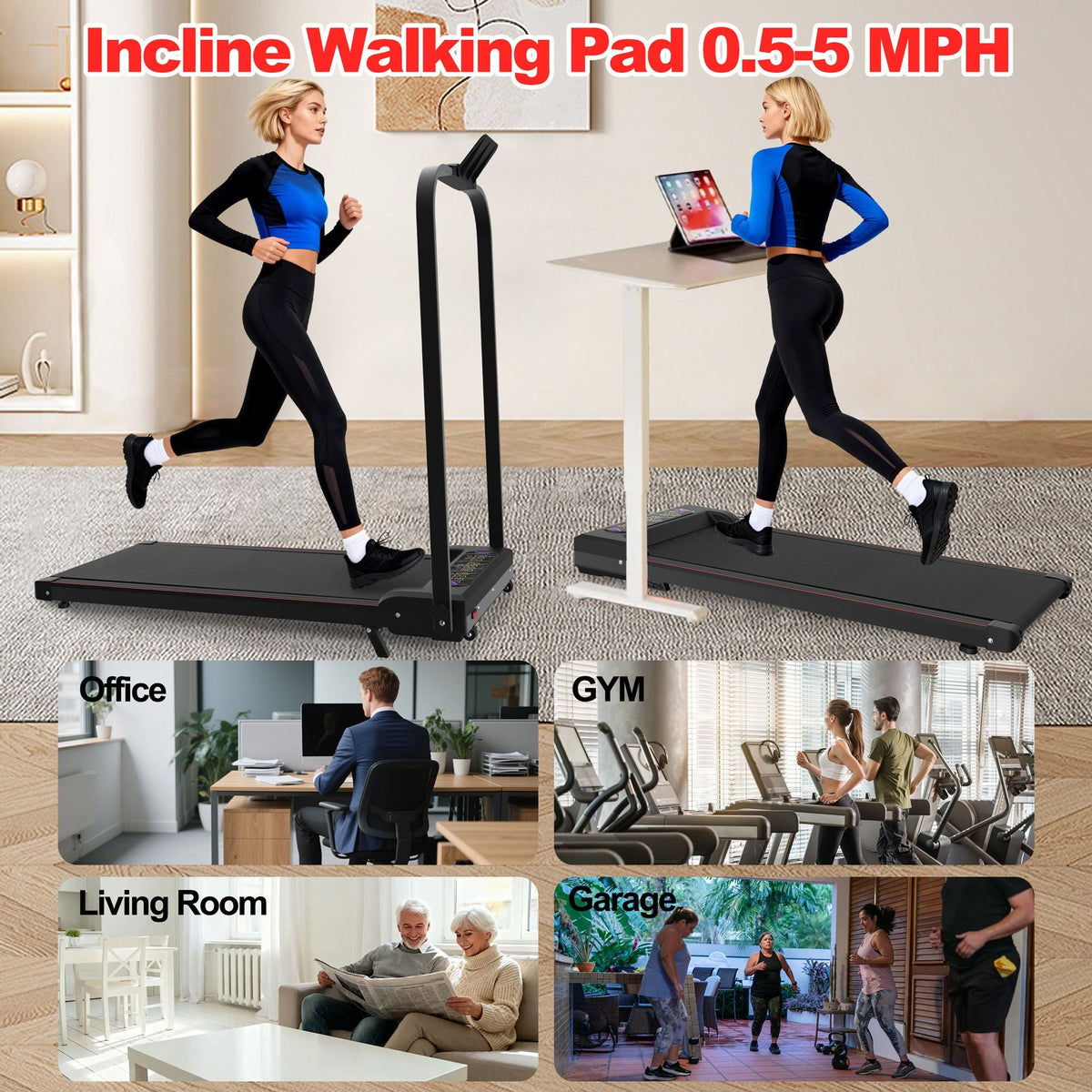 Foldable Treadmill with Handle Bar & Incline, 2 in 1 Upgrade Portable Under Desk Walking Pad and Vibration Pad with Remote Control for Home Office Small Spaces