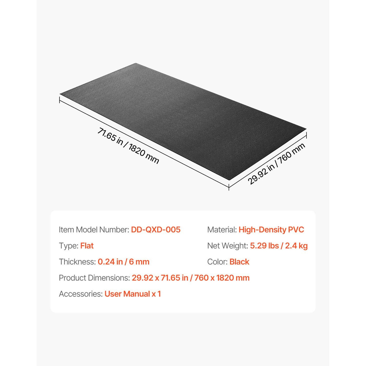 Treadmill Mat for Carpet Floor, 1/4" Thick, 30" x 72" Exercise Equipment Mat for Treadmills, Stationary & Recumbent Bikes, High Density PVC Floor Protector, Waterproof and Non-slip for Home Gym