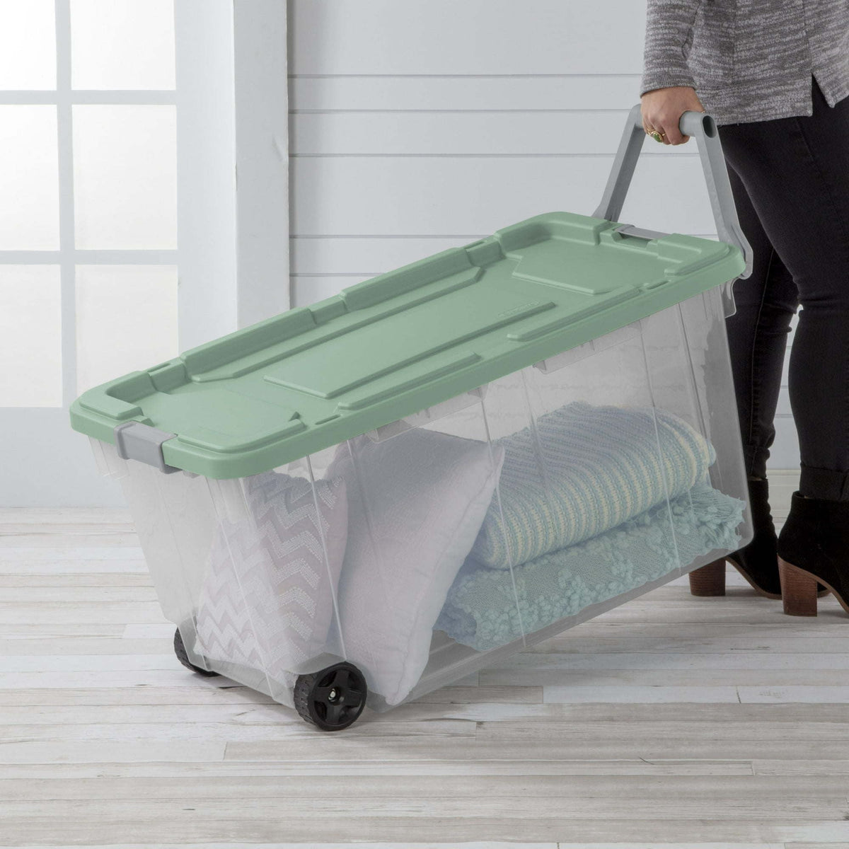 Extra Large Storage Bin, 160 Quart Wheeled Clear Plastic Storage Container with Handle, Gray, Pack of 2