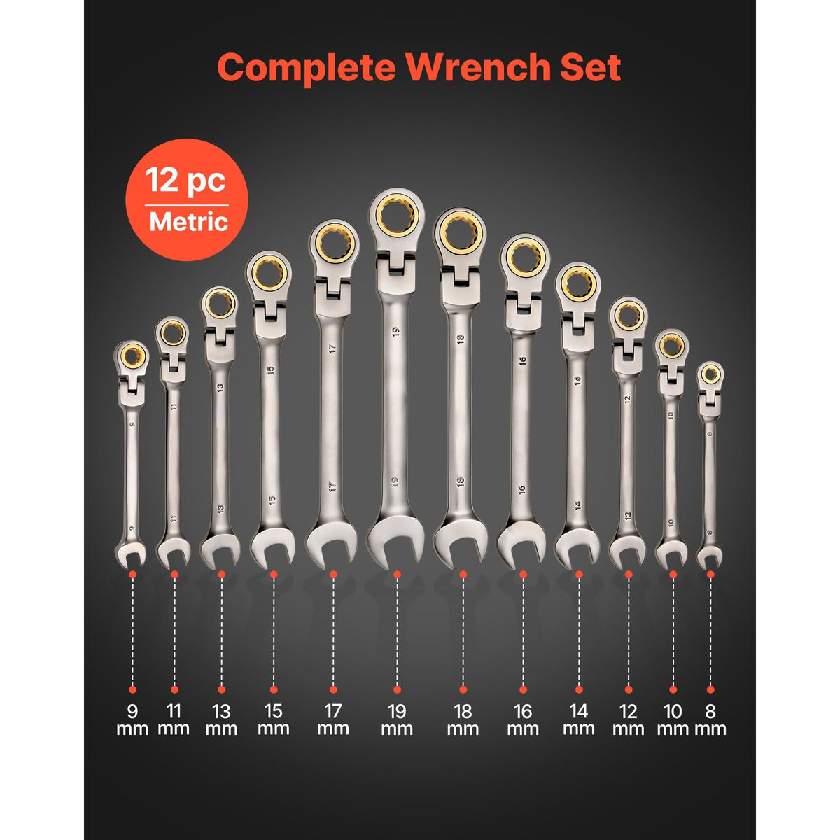 Flex-Head Ratcheting Wrench Set, 12-Piece Metric 8 mm to 19 mm, 72 Teeth, Cr-V Steel Ratchet Flexible Combination Wrench Set with Roll Up Pouch, for General Household and Automotive Repairs