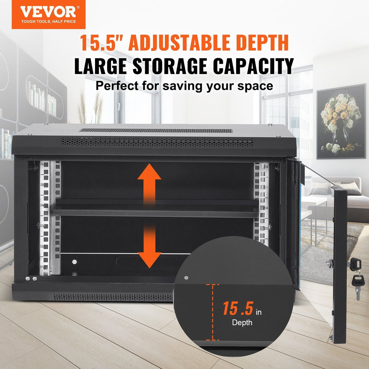 6U Wall Mount Network Server Cabinet, 15.5'' Deep, Server Rack Cabinet Enclosure, 200 lbs Max. Ground-mounted Load Capacity, with Locking Glass Door Side Panels, for IT Equipment, A/V Devices