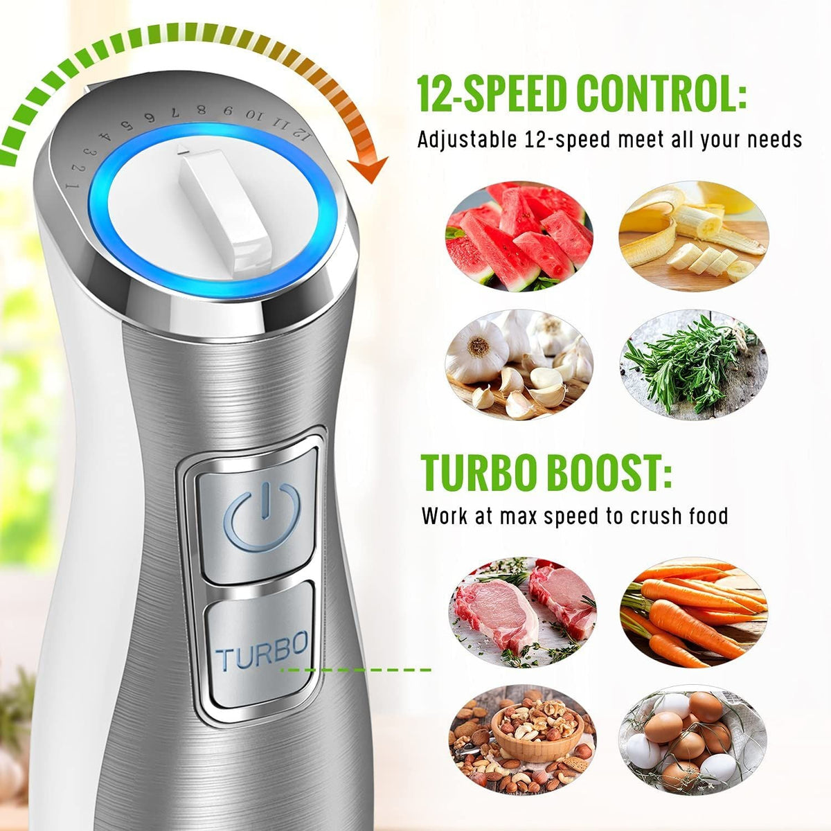 Hand Blender;  5 in 1 Multi-Purpose Immersion Blender set;  1100 watts 12 Adjustable Speed Stick Blender;  600ml Beaker;  500ml Food Processor Container;  Egg Whisk;  Milk Frother Attachments;  White