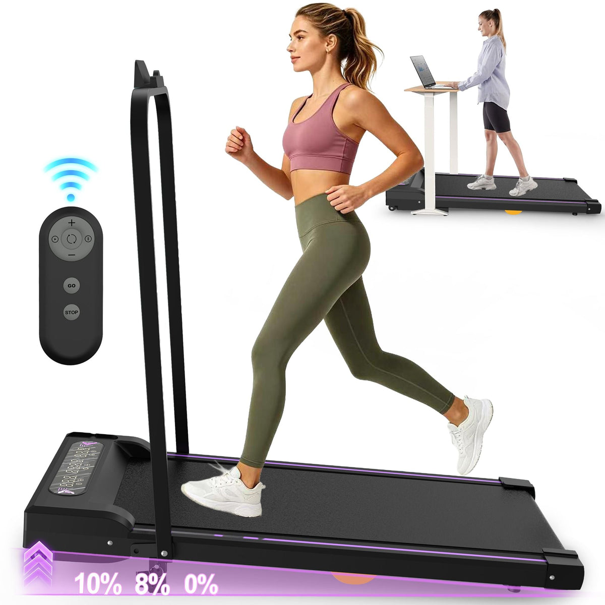 Under Desk Treadmill, Walking Pad, 2 in 1 Portable Treadmill with Handle Remote Control LED Display, Walking Jogging Machine for Home Office Use Black
