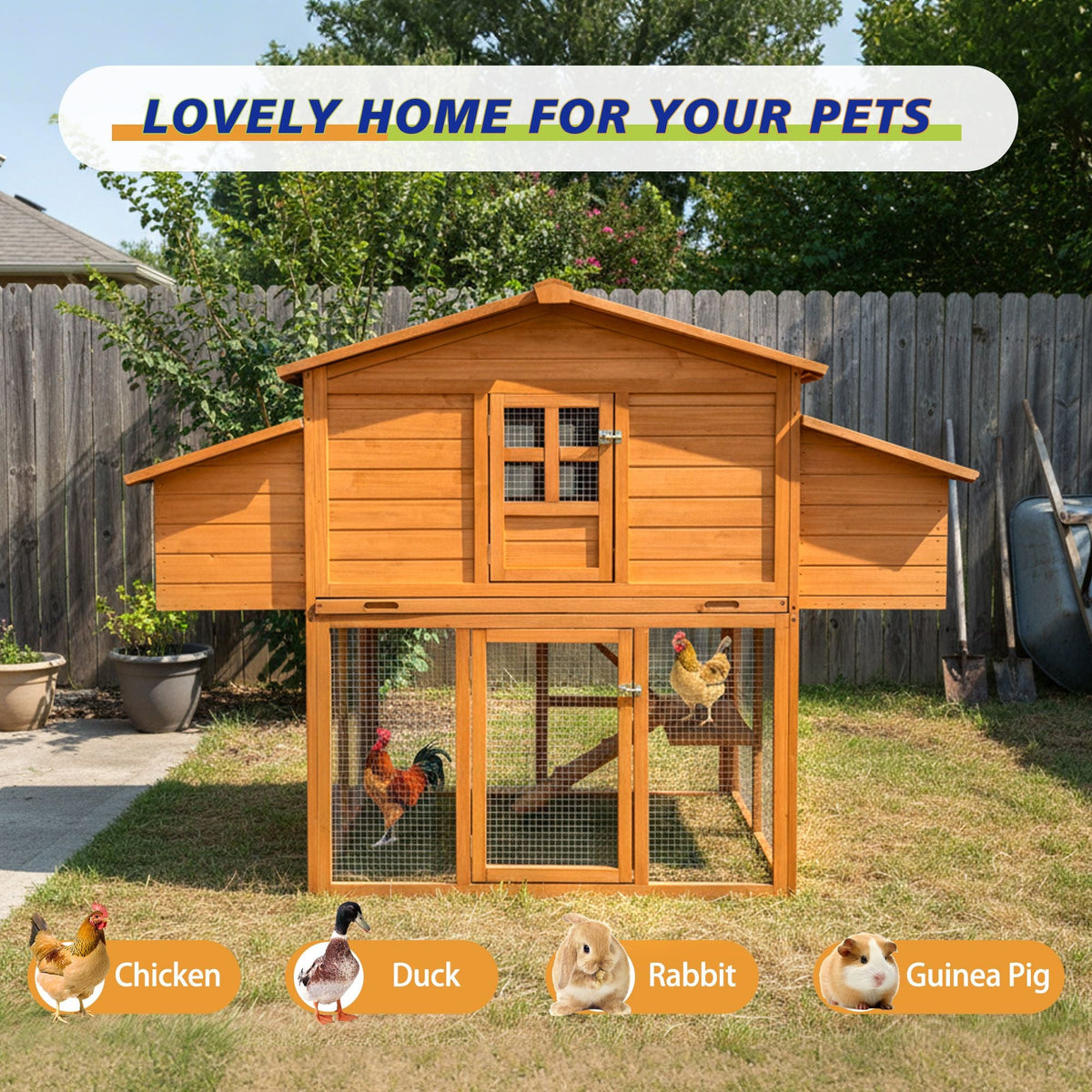 Chicken House for Outdoor with Two Nesting Box, Leakproof Pull-on Tray, and UV-Resistant Roof Panel