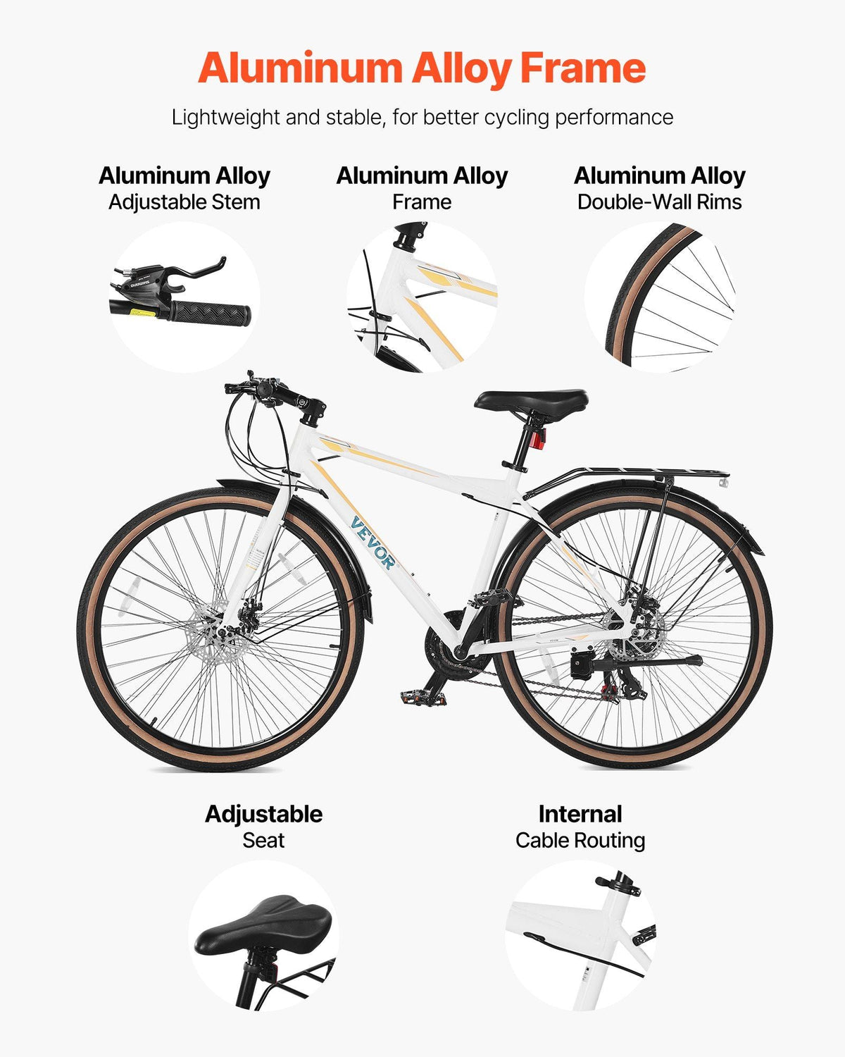 Hybrid Bike, Lightweight Aluminum Frame Bike, 700c Wheel Men Women Hybrid Bicycle, Step-Over Adult Urban City Commuter Bikes, with 24-Speed Shimano Drivetrain, Alloy Adjustable Stem, Dual Brakes