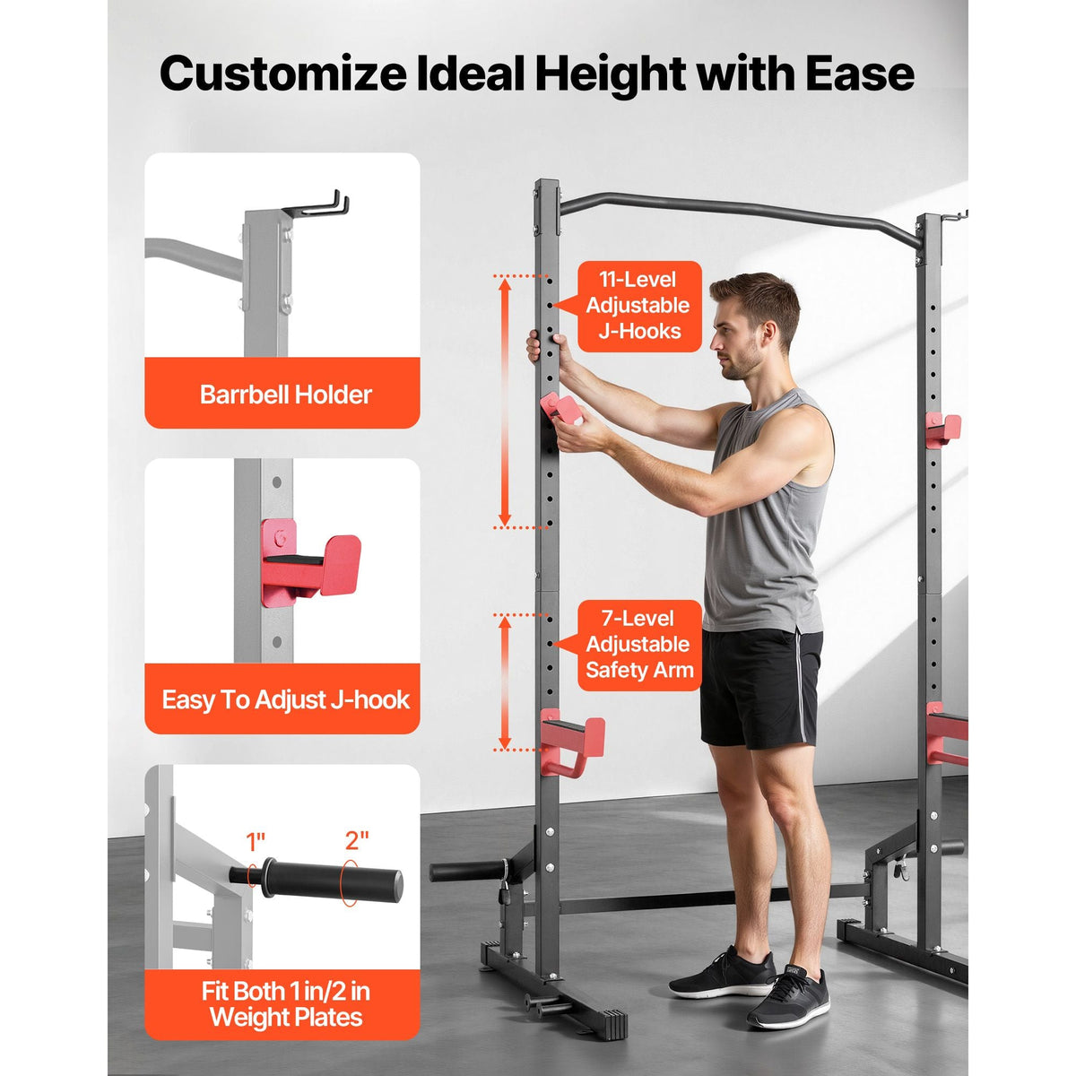 Power Cage Squat Rack, Multifunctional Power Rack Home Gym, 1000LBS Strength Training Workout Equipment with 4 Band Pegs, Adjustable J-Hooks & Safety Bars for Barbell Squat Bench Press Pull-Up