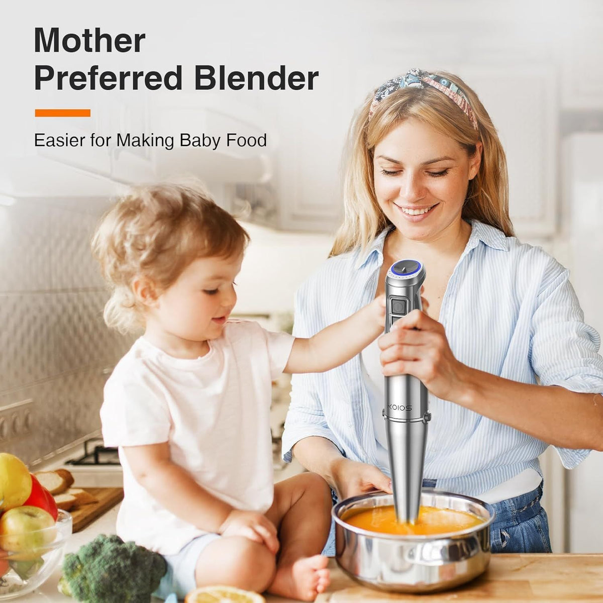 KOIOS 1100W Immersion Hand Blender, Stainless Steel Stick Blender with 12-Speed & Turbo Mode, 5-in-1 Handheld Blender with 600ml Mixing Beaker with Lid, 500ml Chopper, Whisk, Milk Frother, B PA-F ree