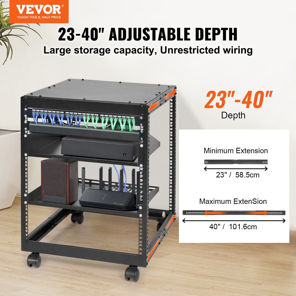 12U Open Frame Server Rack, 23-40 in Adjustable Depth, Free Standing or Wall Mount Network Server Rack, 4 Post AV Rack with Casters, Holds All Your Networking IT Equipment AV Gear Router Modem